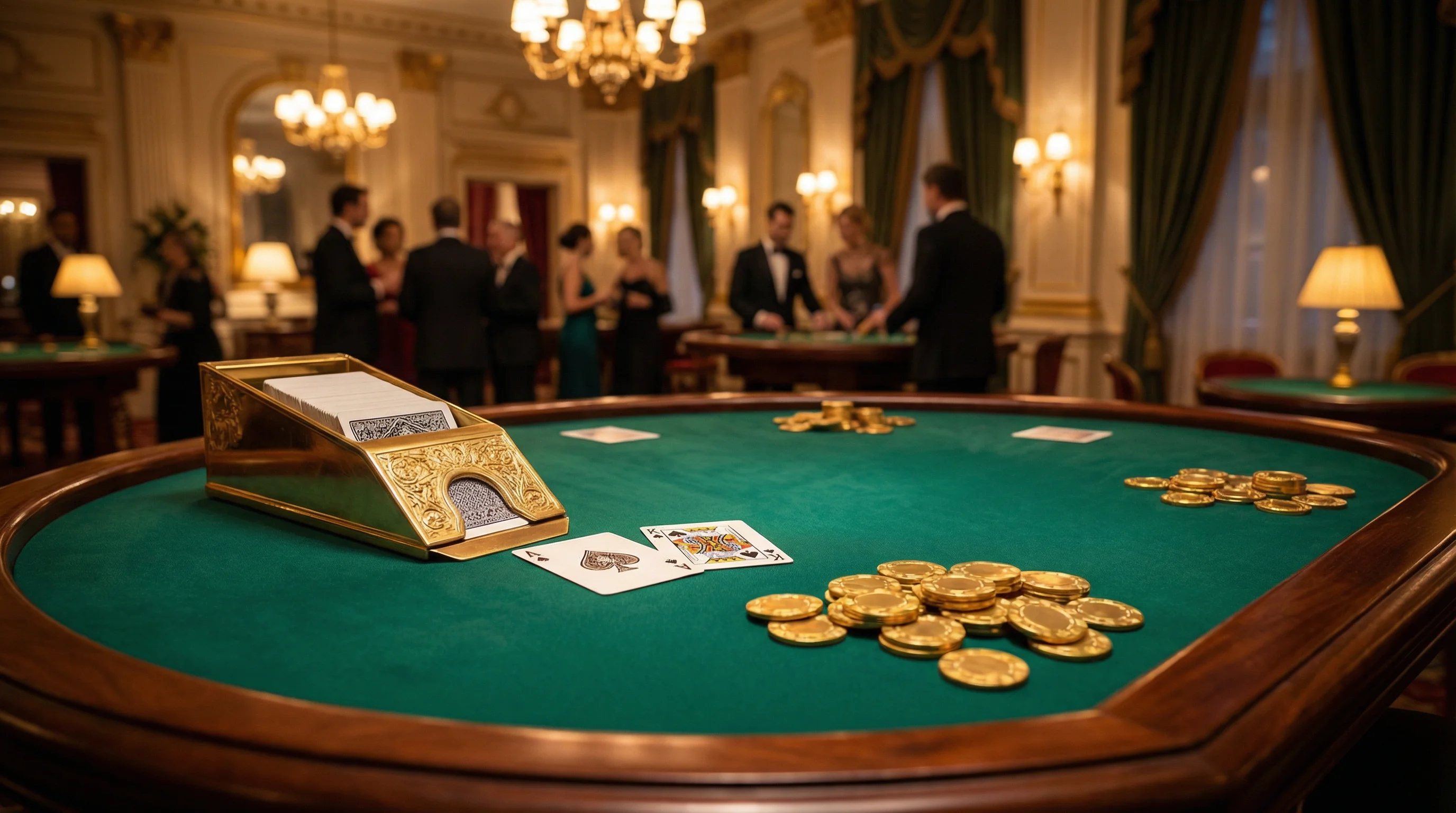 Mesa de blackjack con cartas As y Rey mostrando 21