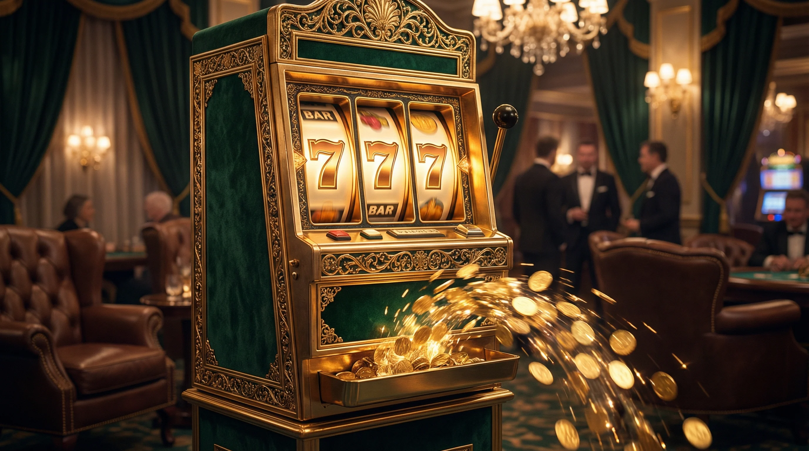 Tragamonedas con jackpot 777 y monedas de oro cayendo